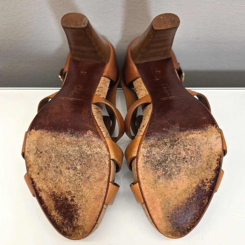 Vintage Y2K Cole Haan Leather Sandals 6B Brown Cork Chunky Platform Heel Strappy